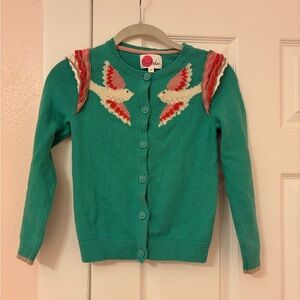 Mini Boden Green Cardigan with Birds and Ruffles size 7-8